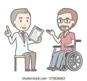 Illustration of a man on a wheelchair consulting with a doctor
