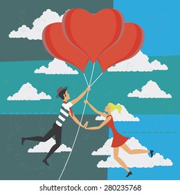 Illustration of a Man and one woman falling in love flying with balloons of hearts. The grunge texture is removable from the background.