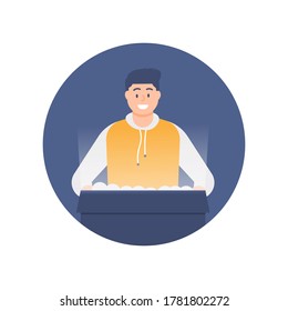 illustration of a man opening a box or unboxing. flat design. can be used for elements, landing pages, UI, websites