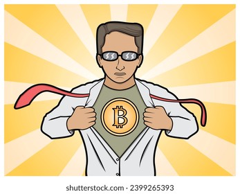 illustration of a man opening his shirt to show a bitcoin logo