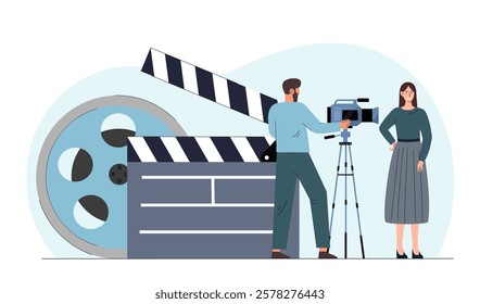 Illustration of a man operating a camera and a woman posing on set. Includes a clapperboard and film reel on a light background. Concept of filmmaking. Vector illustration