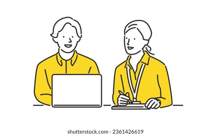 Illustration of a man operating a computer and a woman listening to the conversation and taking notes