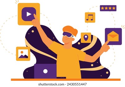Ilustración de un hombre que opera multimedia con vr
