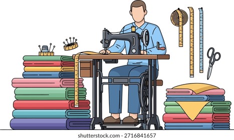 Illustration of man operating sewing machine surrounded by fabric