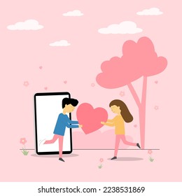 illustration man out of mobile phone screen giving heart surprise girl romantic valentine'days concept