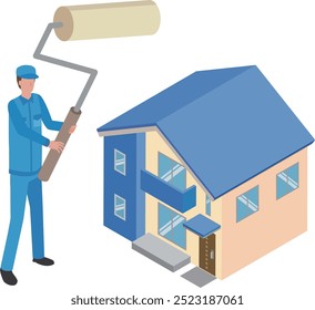 Illustration of a man painting a house