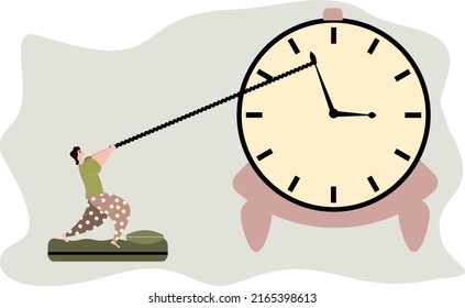 An Illustration Of A Man In Pajamas Trying To Stop The Wake Up Time. Unwillingness To Wake Up. Nightmare And Bad Sleep