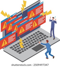 Illustration of a man panicking after receiving an alert from a PC