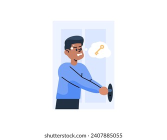 an illustration of a man panicking because he cannot open the door of the house. couldn't open the door because he lost the key. try to open the locked door. cartoon illustration design. graphic