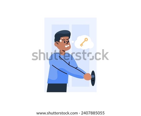 an illustration of a man panicking because he cannot open the door of the house. couldn't open the door because he lost the key. try to open the locked door. cartoon illustration design. graphic
