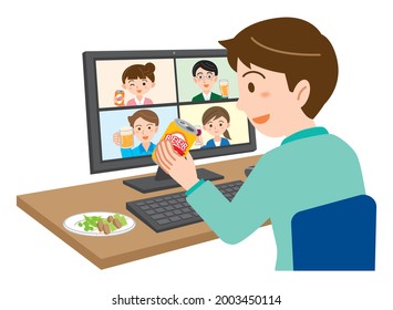 Illustration of a man participating in an online drinking party on a computer