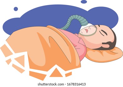 Illustration of a man patient lying down on a bed, wearing a respirator.