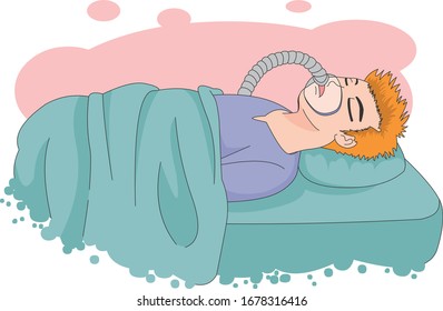 Illustration of a man patient lying down on a bed, wearing a respirator.