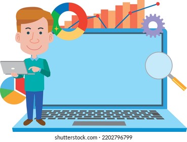 Illustration of a man and a PC for data analysis