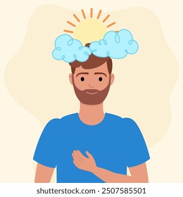 Illustration of a man with a peaceful expression, placing a hand on his chest, with a sun rising behind light clouds above his head, representing mental wellness and self-care. 