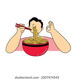 Ilustración de muchas personas comiendo ramen udon o fideos, comida japonesa y coreana favorita