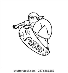 Illustration of a man performing with his skateboard, cartoon, black and white, good for children's coloring teaching materials, or clothing parel, vector format