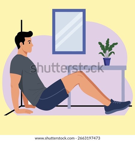 Illustration of a man performing wall sit exercise in flat design style. Strength workout concept focused on legs and core stability.