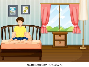 Illustration of a man performing yoga inside his room