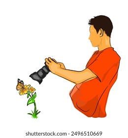 illustration of a man photographing a butterfly perched on a blooming flower plant