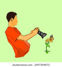 illustration of a man photographing a butterfly perched on a blooming flower plant