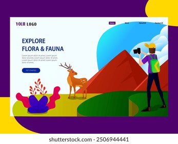 illustration of a man photographing a deer in the mountains in flat design. The idea is to create a flat design with some icons. This design is good for web layouts, backgrounds, etc.