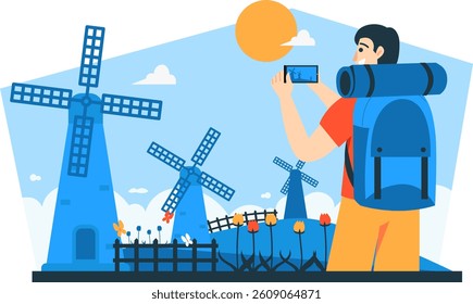 Illustration of a man photographing a windmill with a flat design style and colorful