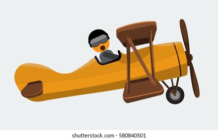 Illustration of a man pilot riding on a vintage plane on a white background. Vector illustration with flat and solid color design