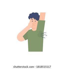 illustration of a man pinching his nose because his armpits are smelly and sweaty or wet. flat style. design elements
