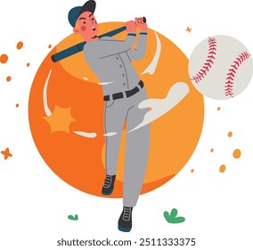 Illustration of a man playing baseball with a dynamic and colorful design concept that gives the impression of courage and enthusiasm.