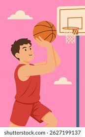 Ilustração de um homem jogando basquete, visando o aro.
