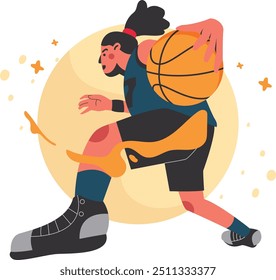 Illustration of a man playing basketball with a dynamic and colorful design concept that gives the impression of courage and enthusiasm.