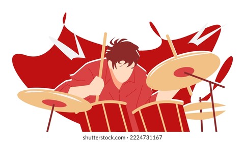 illustration of man playing drum. drummer. work hard. music, bands, hobbies, etc. flat design