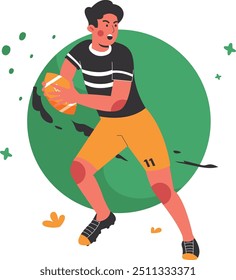 Illustration of a man playing football with a dynamic and colorful design concept that gives the impression of courage and enthusiasm.