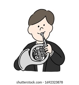 The illustration of the man playing french horn