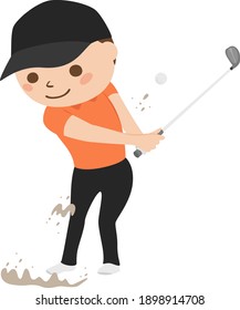 Illustration of a man playing golf. A man flying a golf ball from a bunker.