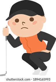 Illustration of a man playing golf. A man looking at the line on the green.