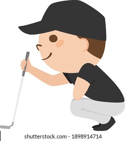 Illustration of a man playing golf. A man looking at the line on the green.