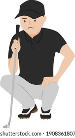 Ilustración de un hombre jugando golf. El hombre está mirando la línea de la taza.