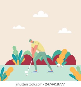 illustration of a man playing golf on a green field. Flat design style characters