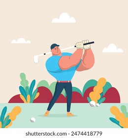 illustration of a man playing golf on a green field. Flat design style characters