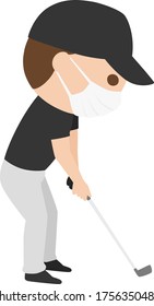 Illustration of a man playing golf in the summer. Wear a mask to prevent infection.