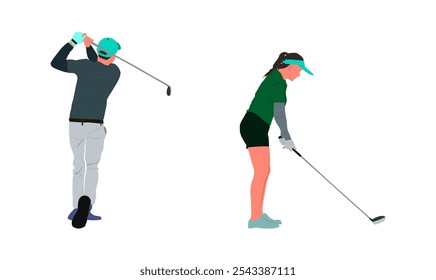 illustration of a man playing golf with a woman also practicing golf