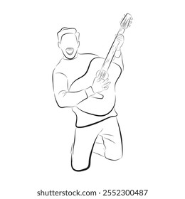 illustration of a man playing guitar, line drawing sketch 