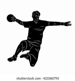 illustration of man playing handball . black and white drawing, white background