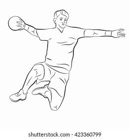 illustration of man playing handball . black and white drawing, white background