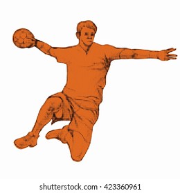 illustration of man playing handball . black dots and orange drawing, white background