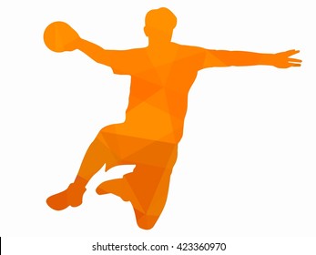 illustration of man playing handball . orange triangles drawing, white background