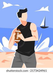 illustration of a man playing preparing to throw a rugby ball. beach, sea, boat background. summer theme concept, leisure, sport