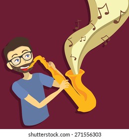 Illustration of a man playing saxophone in plain purple background.